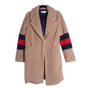 BODEN Hereford Teddy Bear Coat Tan Long Sleeve Elbow Stripes Women's 2